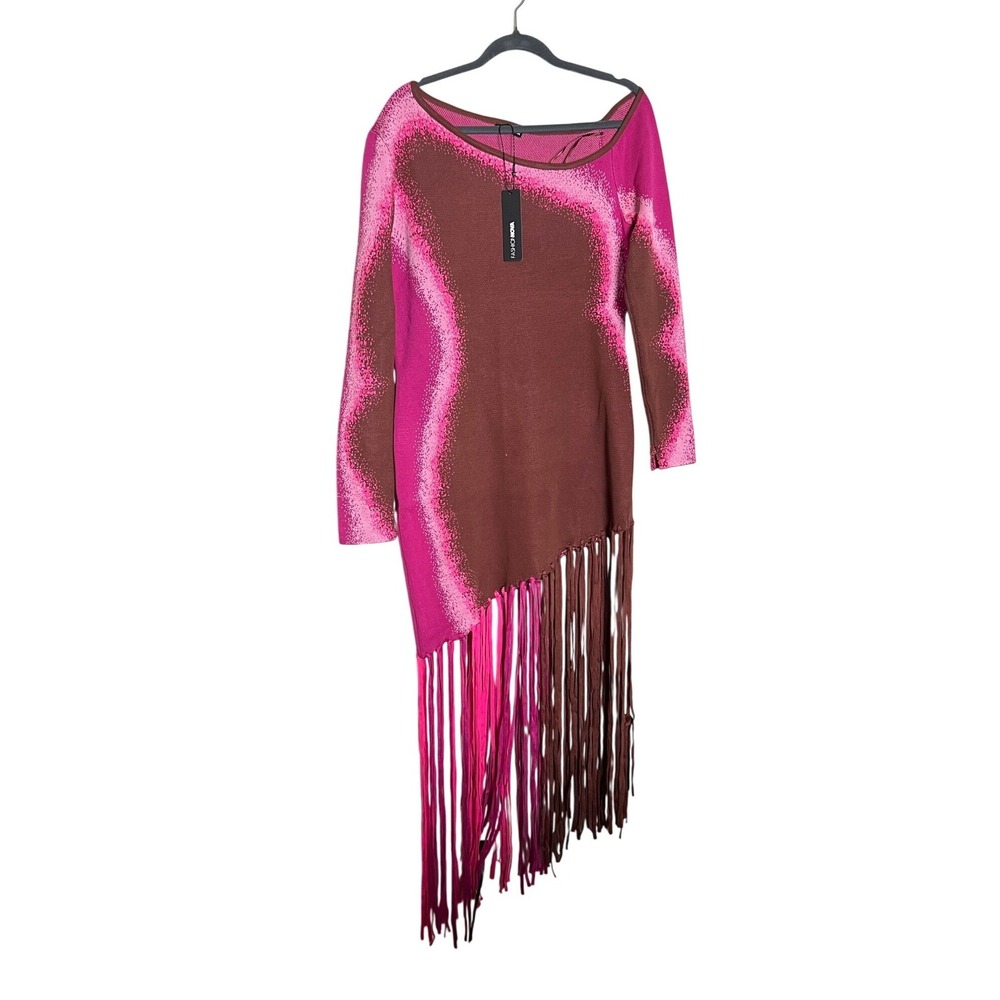Fashion Nova Pink‎ Brown Abstract Fringe Asymmetrical Knit Mini Dress New